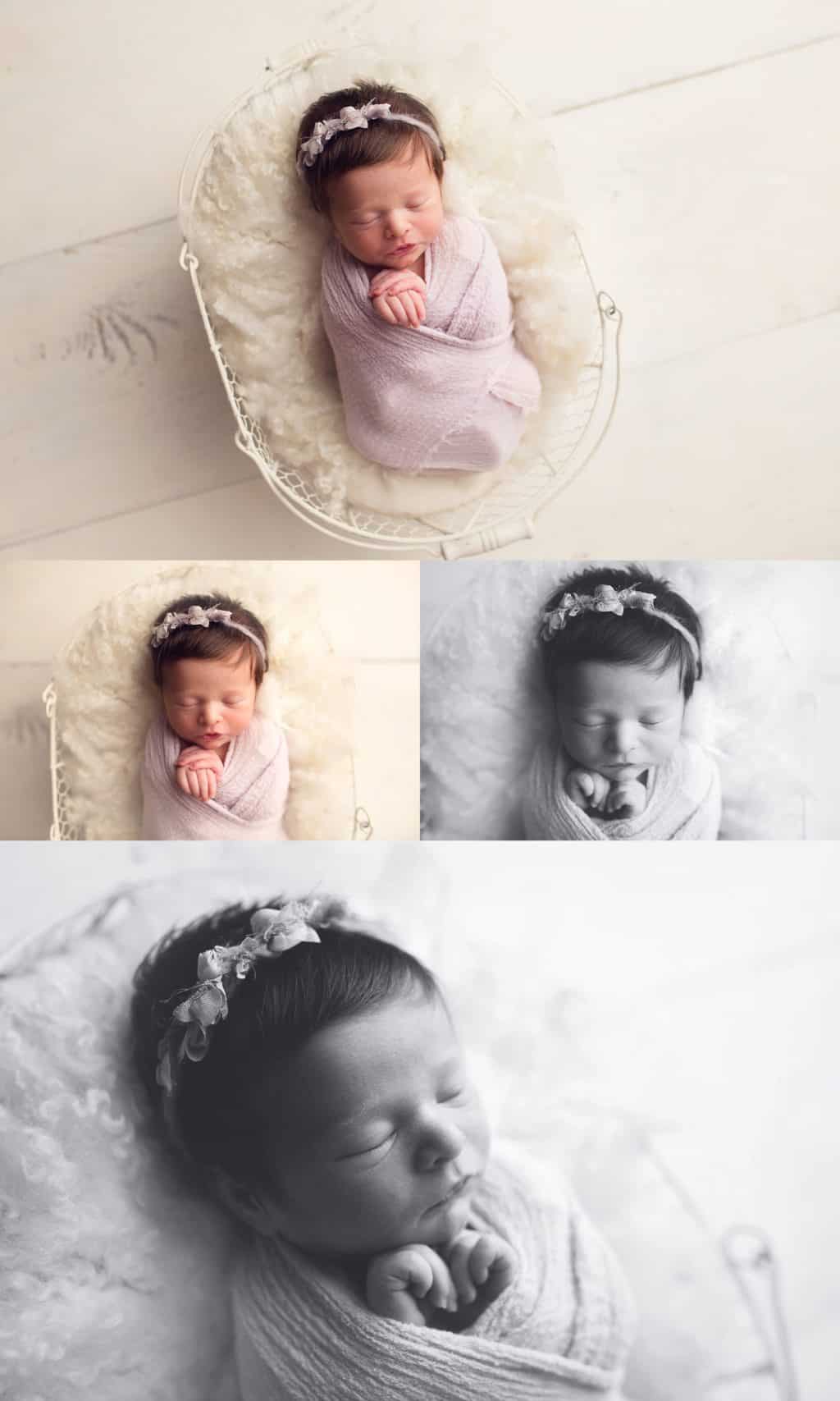 Beautiful baby girl newborn wrapped in lavender swaddle  in Palm Beach Gardens Photography studio