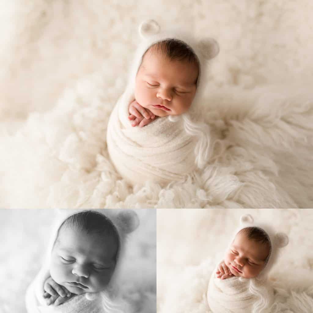 Newborn baby swaddled in a cream wrap and wearing bear hat being photographed by a Boca Raton Photographer