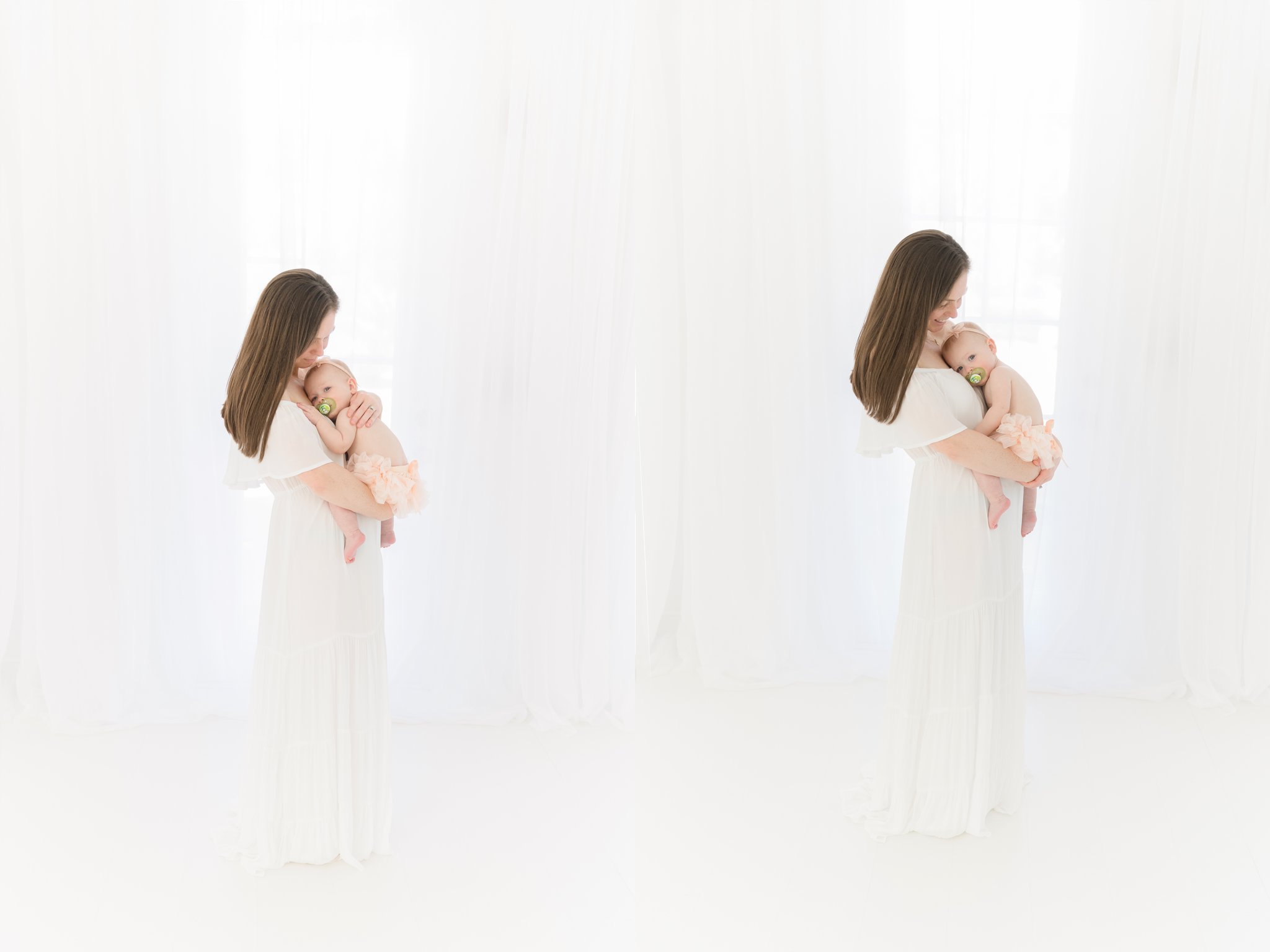 Photos of a baby girl being cuddled by her mom wearing a long white maxi dress in Jupiter Fl