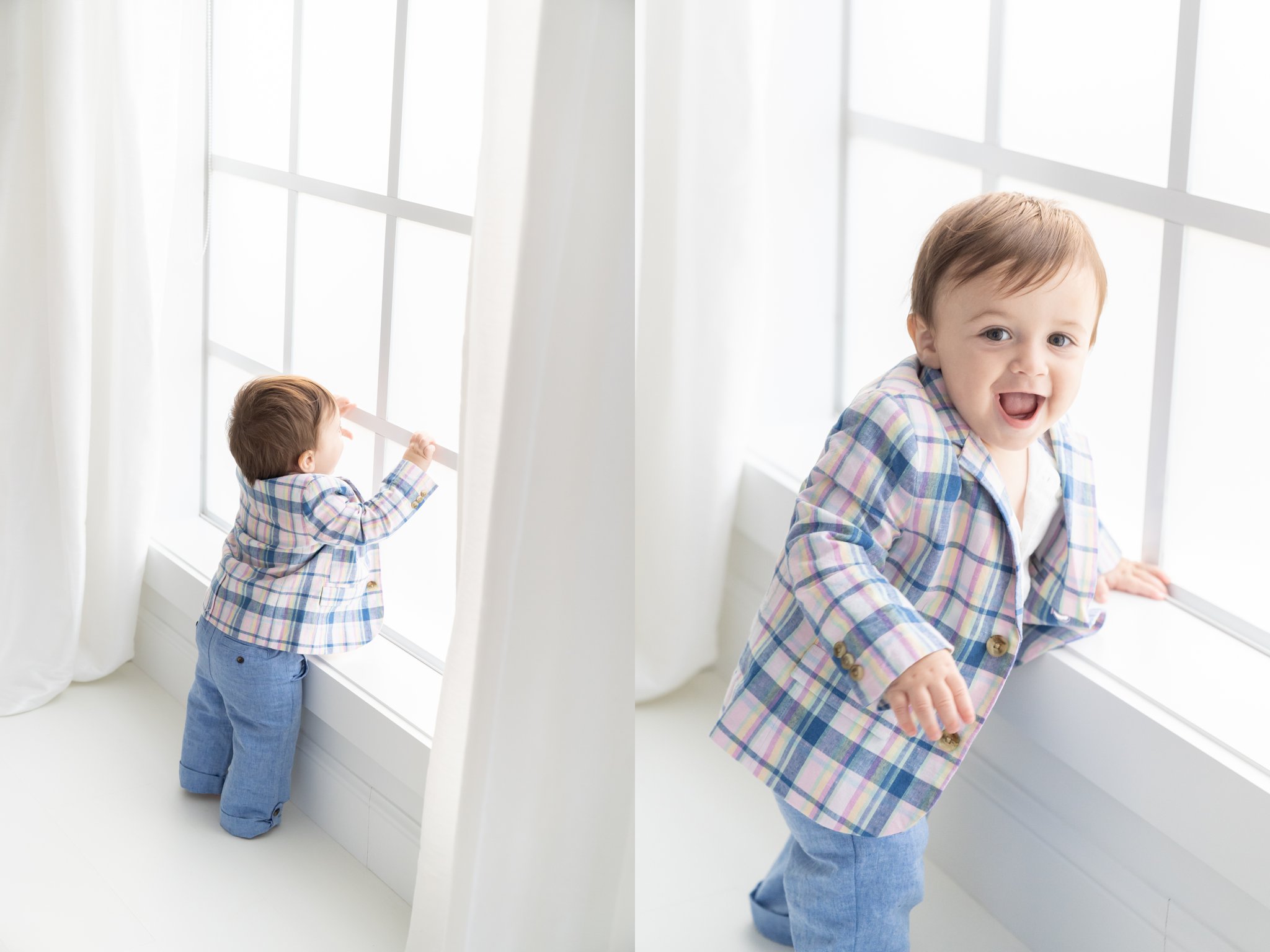 Baby boy wearing cute plaid jacket standing by window in jupiter photography studio.