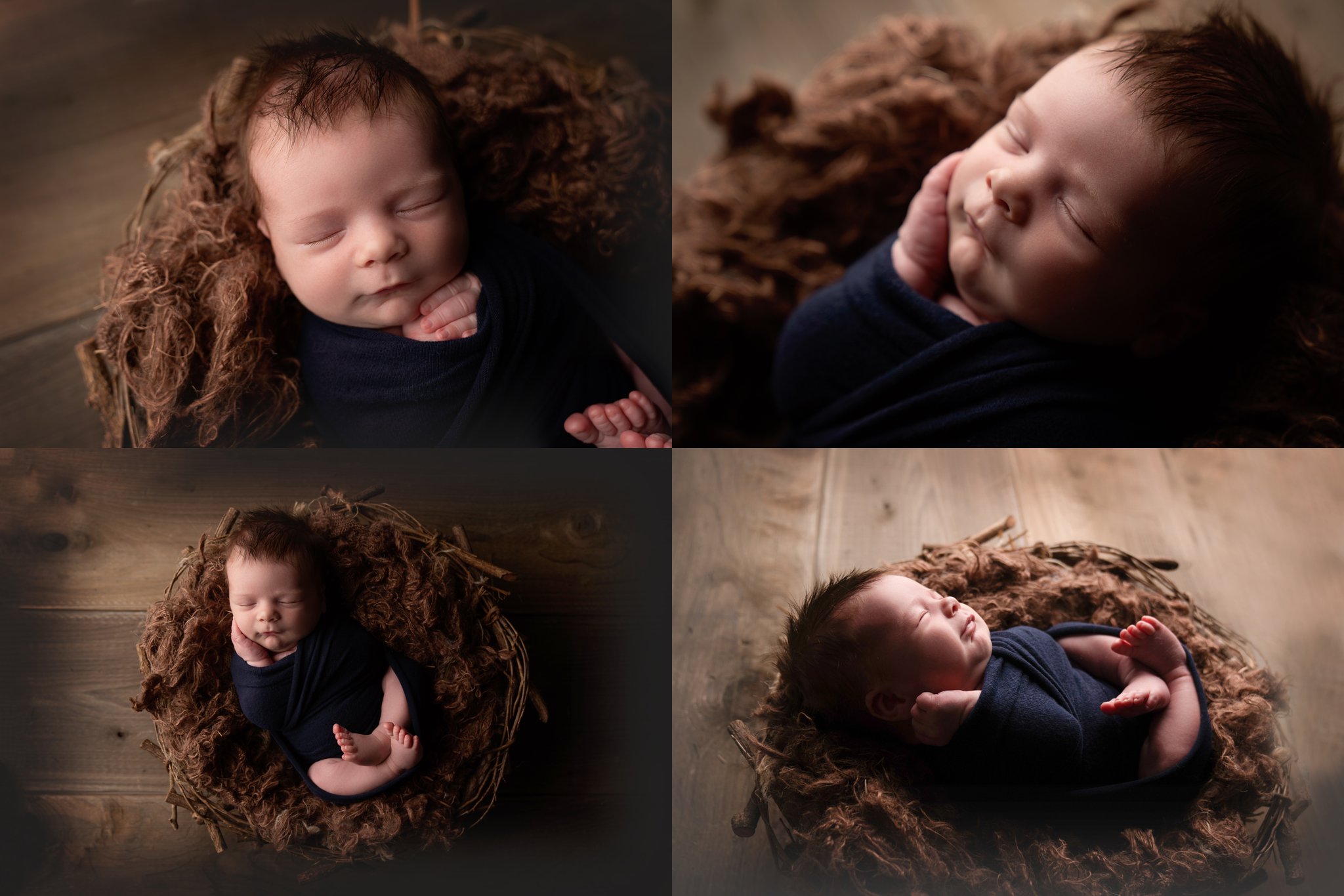 Photo of newborn baby boy being photographed in Jupiter Florida photography studio wrapped in a navy swaddle curled up in a rustic nest on a darkwood floor