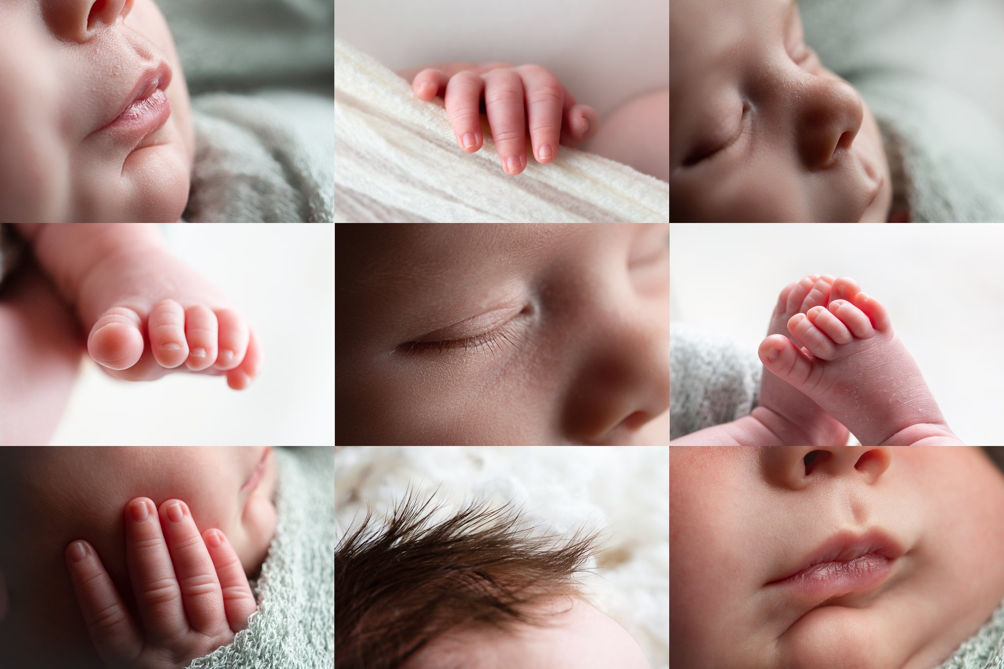 Photos of newborn baby boy being photographed in Jupiter Florida photography studio with images of his toes, fingers, lips, nose, lashes and feet. 
