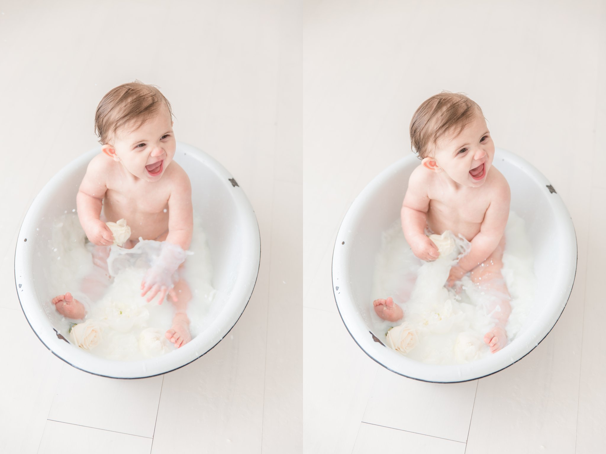 One Year old baby playing in an antique wash basin in jupiter florida photo studio.  
