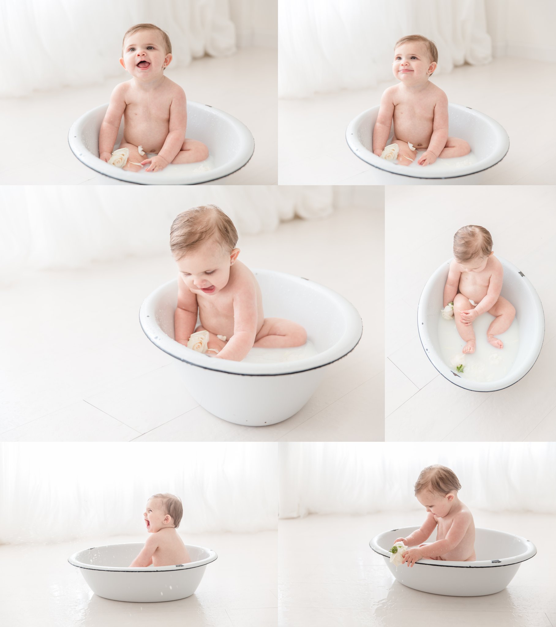 One year old baby playing in an antique wash basin in jupiter florida photo studio.  
