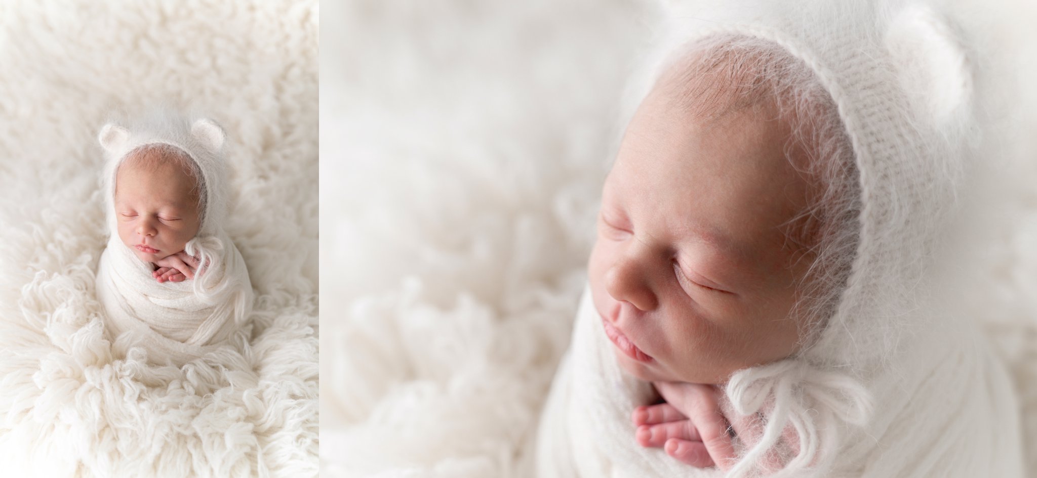 Newborn baby in off white swaddle and wearing a knitted bear hat  being photographed in south florida photo studio.