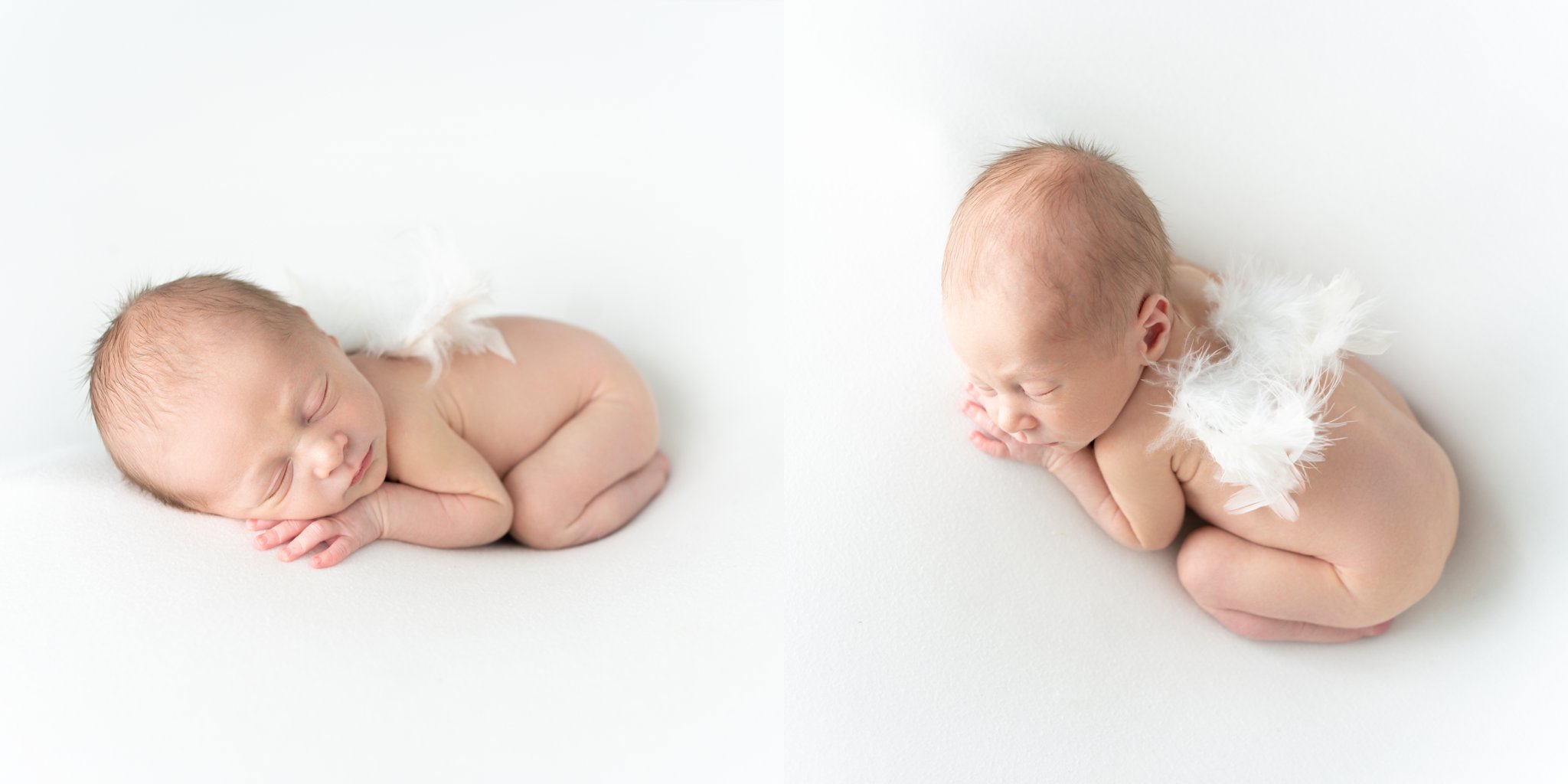 Newborn baby wearing angel wings being photographed in Jupiter  photo studio.