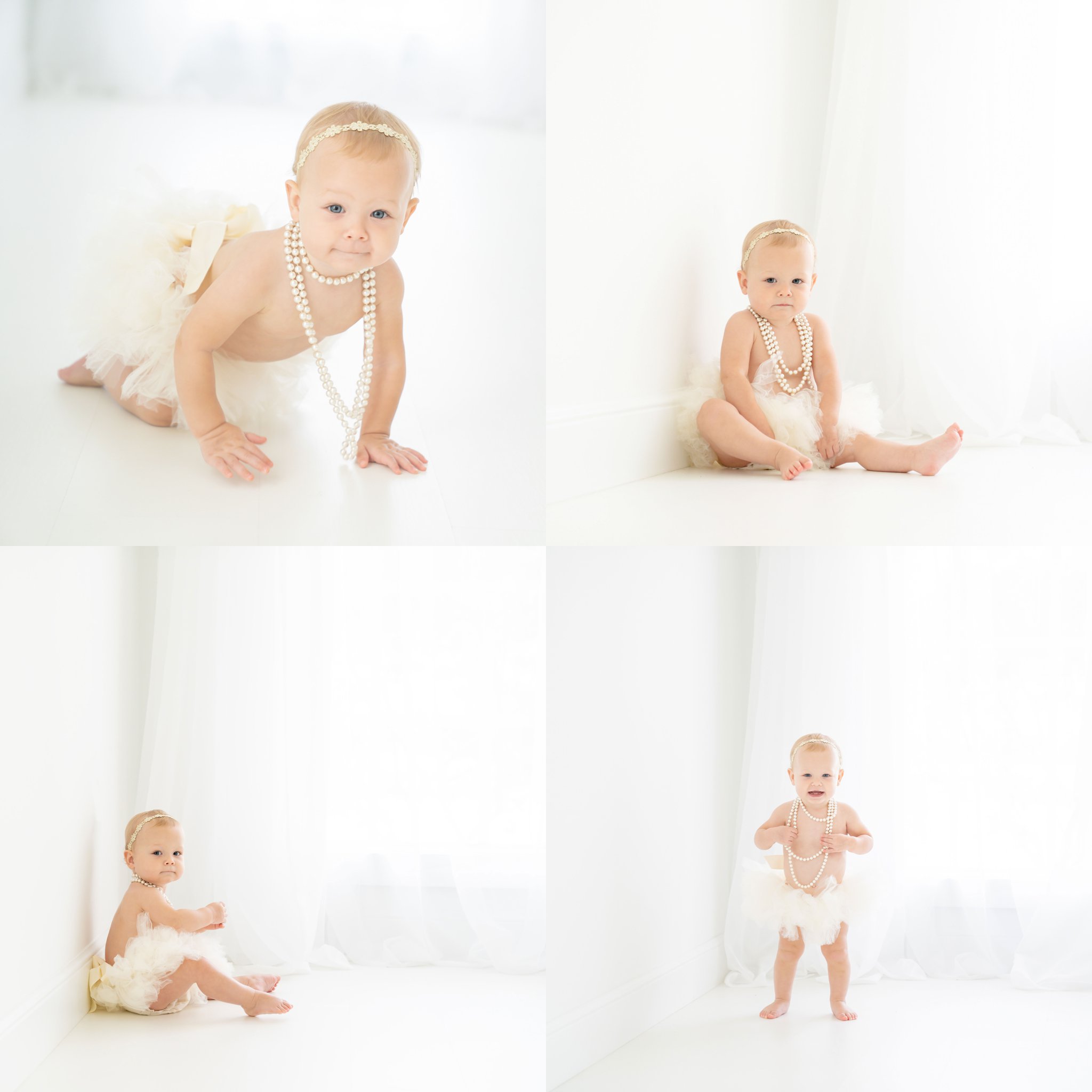 Birthday baby girl being photographed in a south florida photography studio in a tutu and pearls.