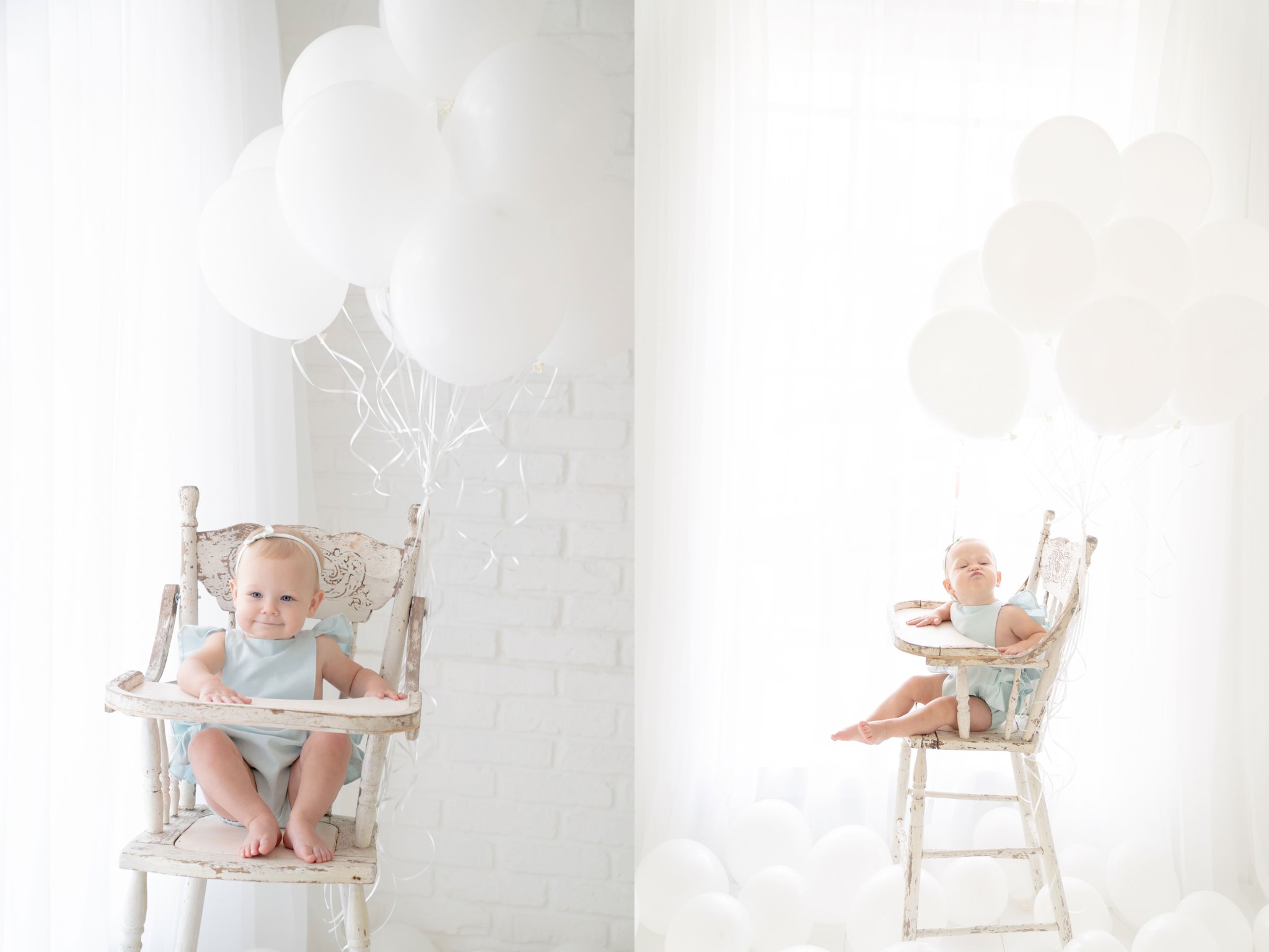 Birthday baby girl being photographed in a south florida photography studio in blue ruffled romper in an antique high chair with a huge bouquet of balloons.