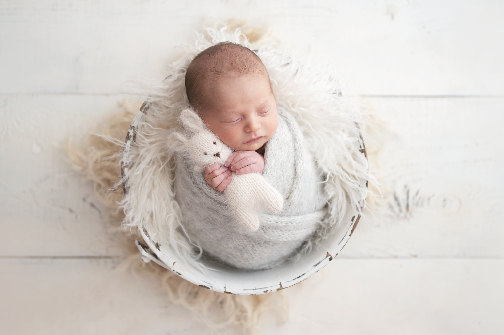10 day old newborn posing in a wooden antique bucket holding a white stuffed bunny in West Palm Beach Photography studio