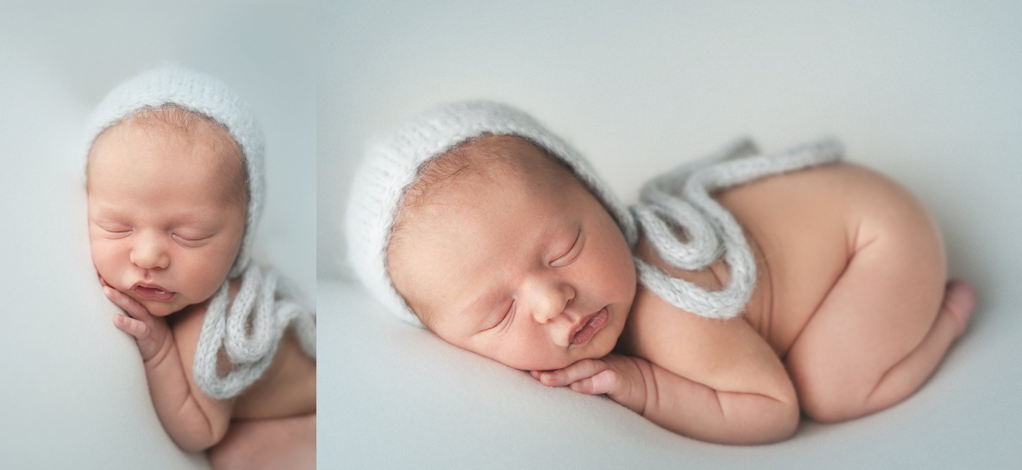 10 day old newborn posing on baby blue backdrop in West Palm Beach Photography studio