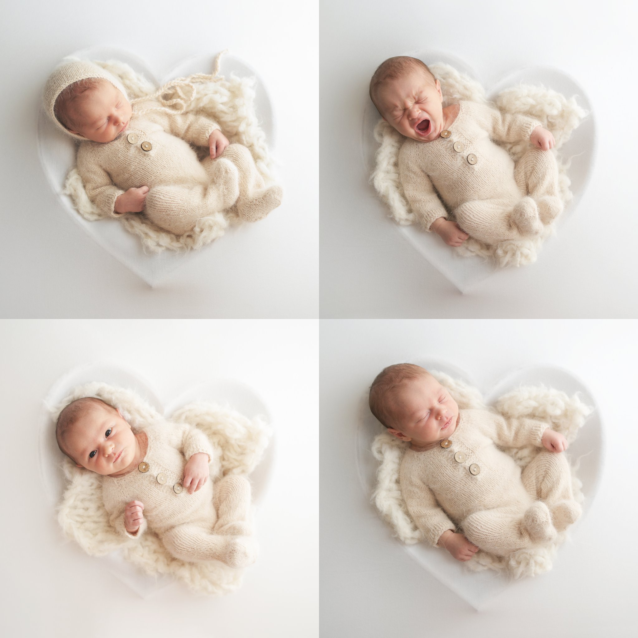 10 day old newborn being photographed in cream outfit laying in a heart shaped bowl.