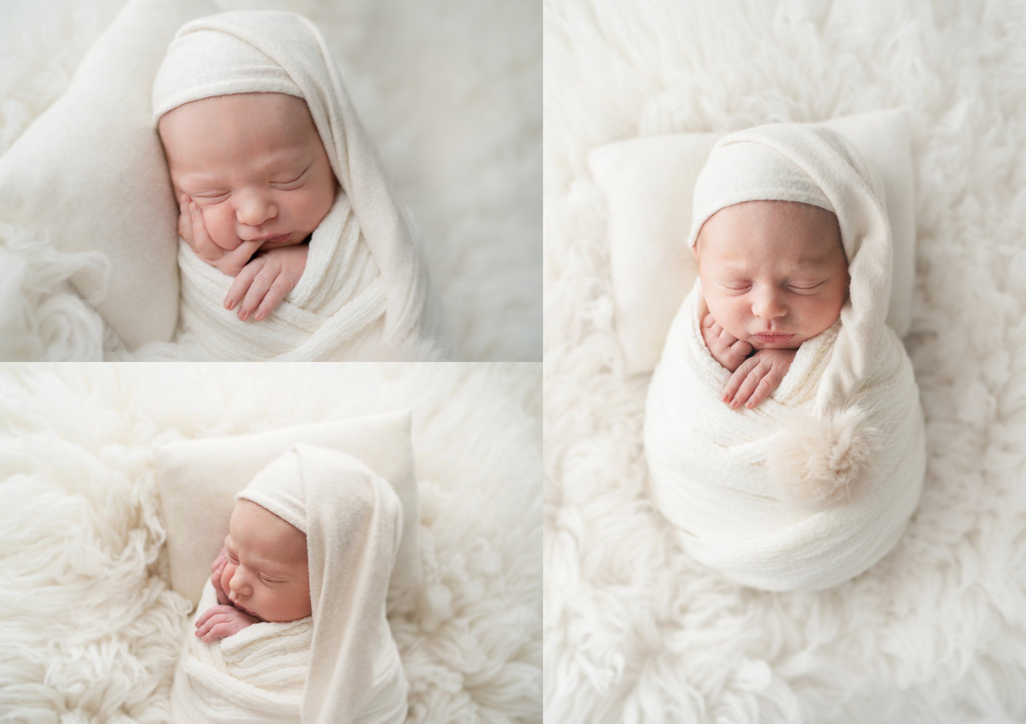 10 day old newborn posing on a white backdrop with a lsleepy cap all swaddled in jupiter florida photography studio