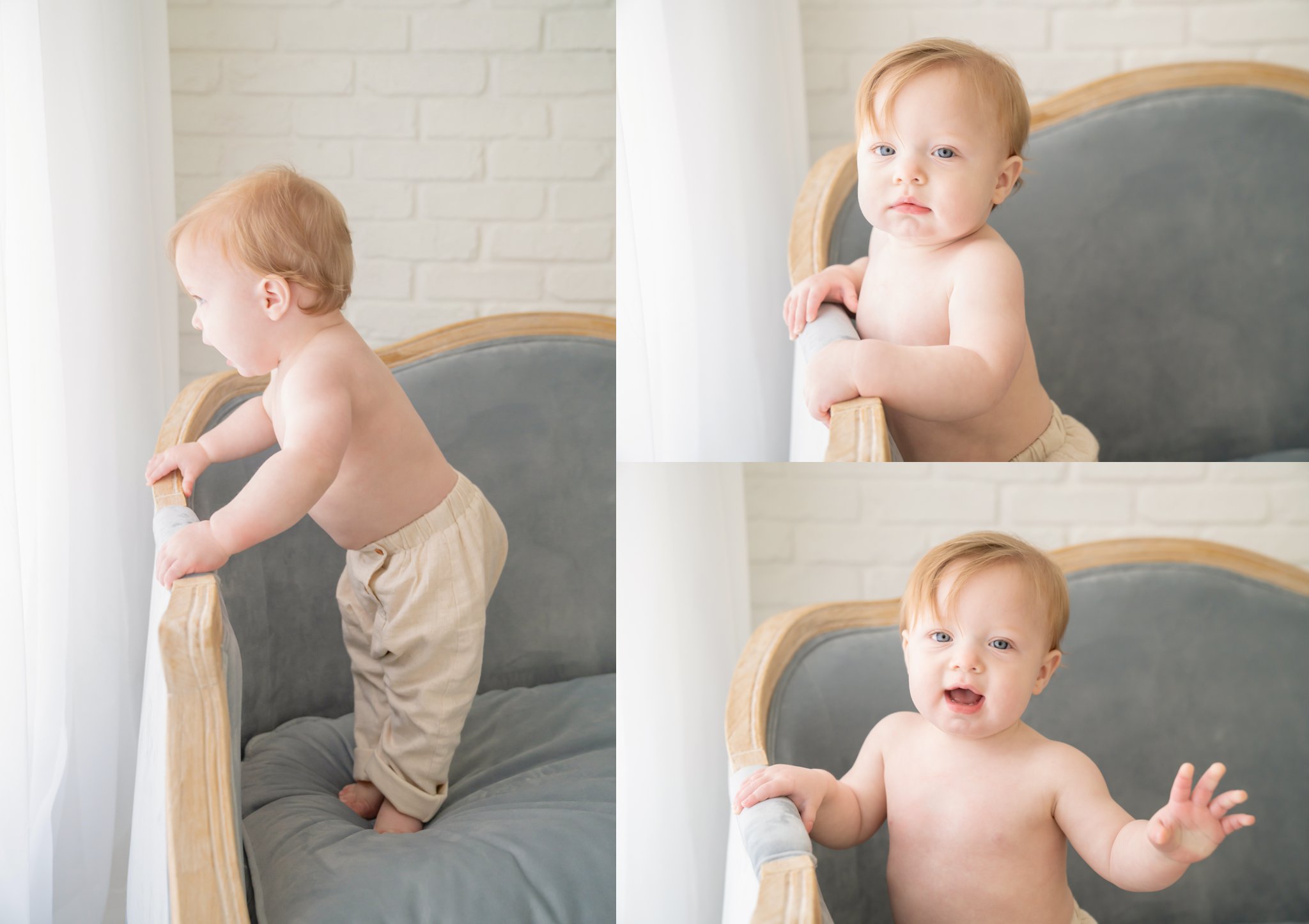 Boy twin on blue settee getting professional photos in south florida