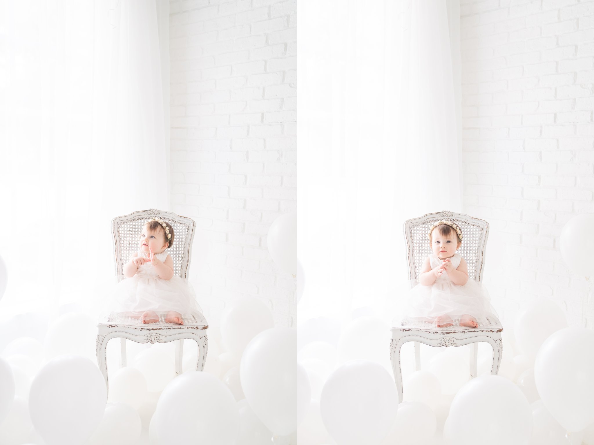 One Year old baby girl playing in a room full of balloons being  photographed in a jupiter florida photography studio.