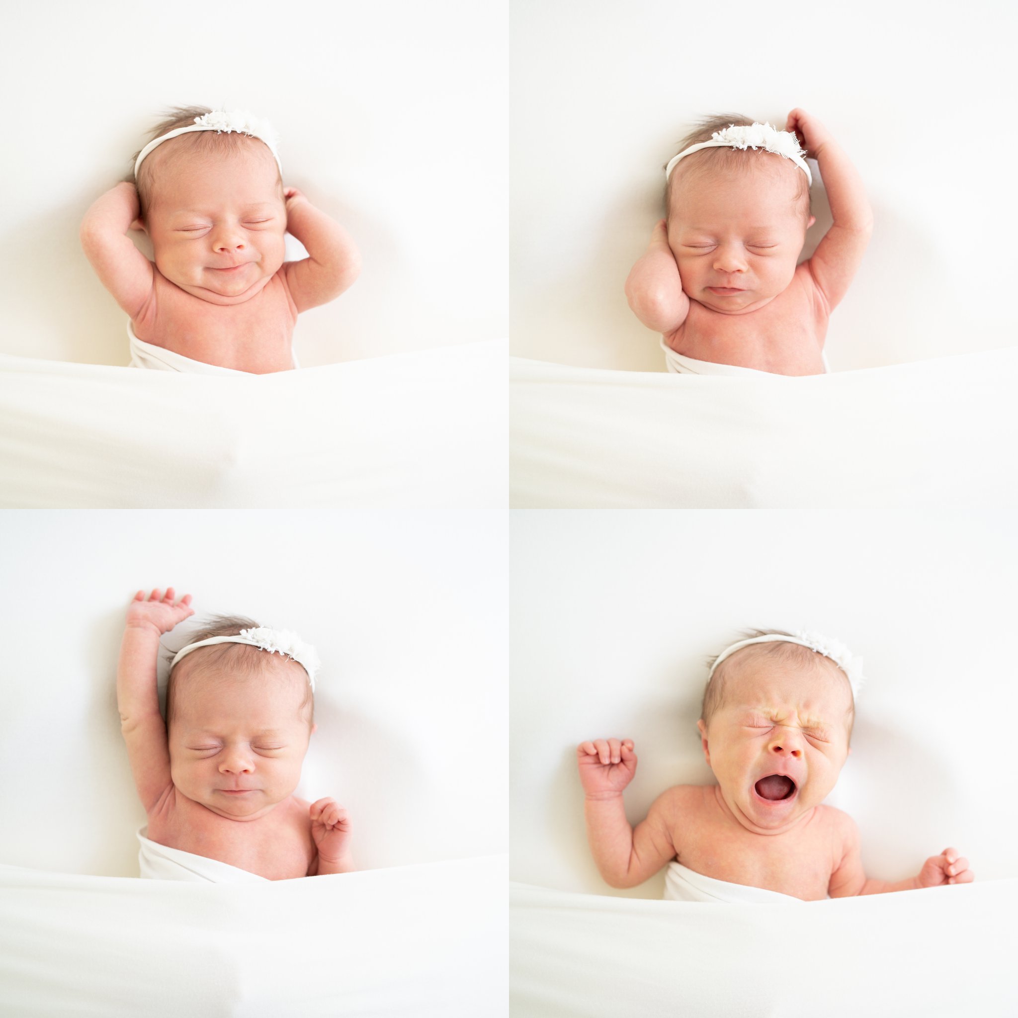 Family Newborn Session newborn baby stretching and yawning being photographed in jupiter photography studio