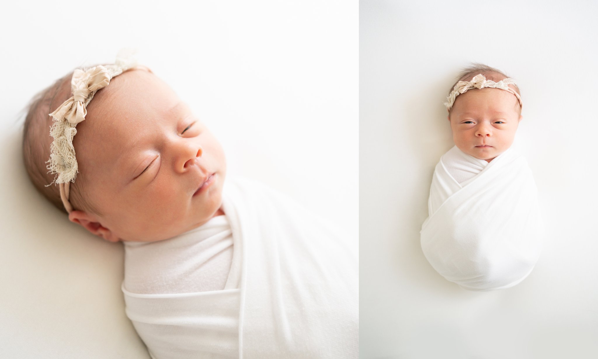  baby girl wrapped in cream being photographed in jupiter photography studio