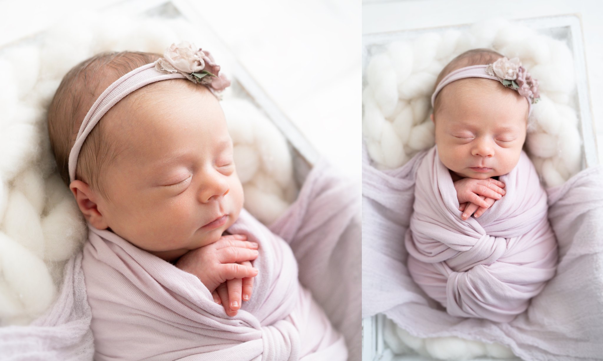 newborn baby wrapped in lavendar laying in crate being photographed in jupiter photography studio

