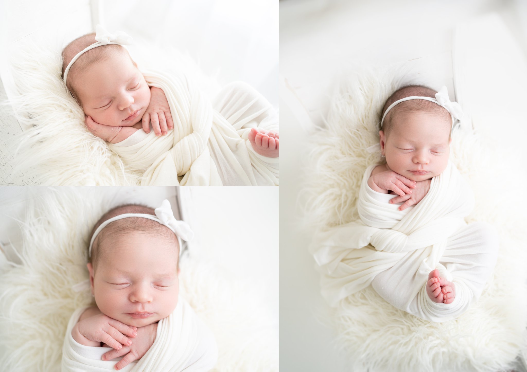 Newborn Photo Shoot featuring 2 week old baby girl wrapped in a white wrap laying in a moon prop