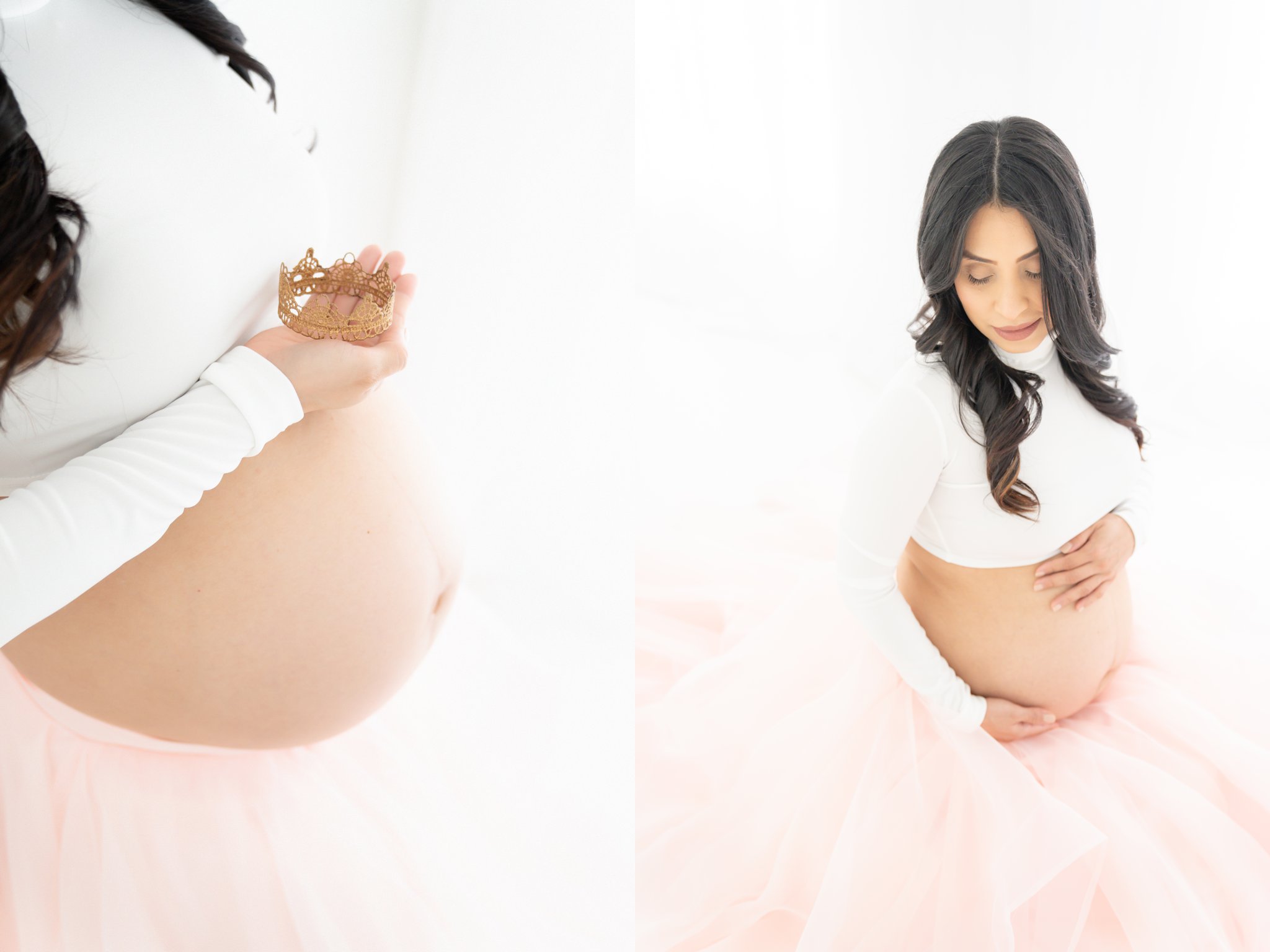 Expecting mom being photographed in jupiter florida photography studio wearing a maxi dress.