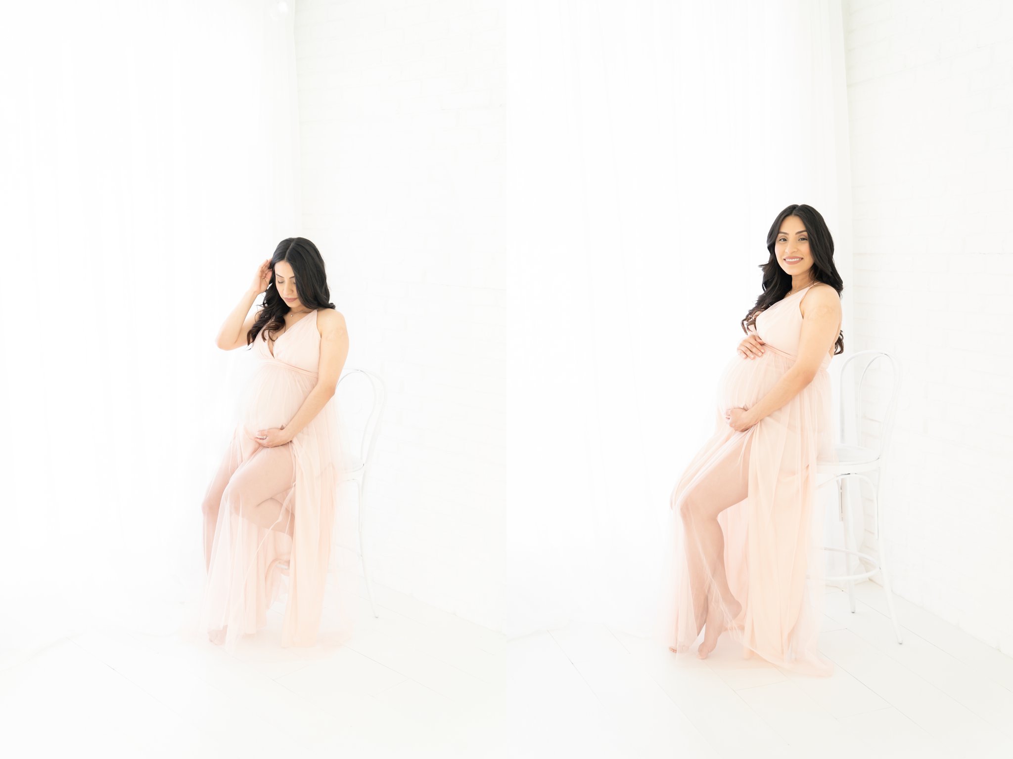 Mother-to-be being photographed in jupiter florida photography studio wearing a pink maxi dress.