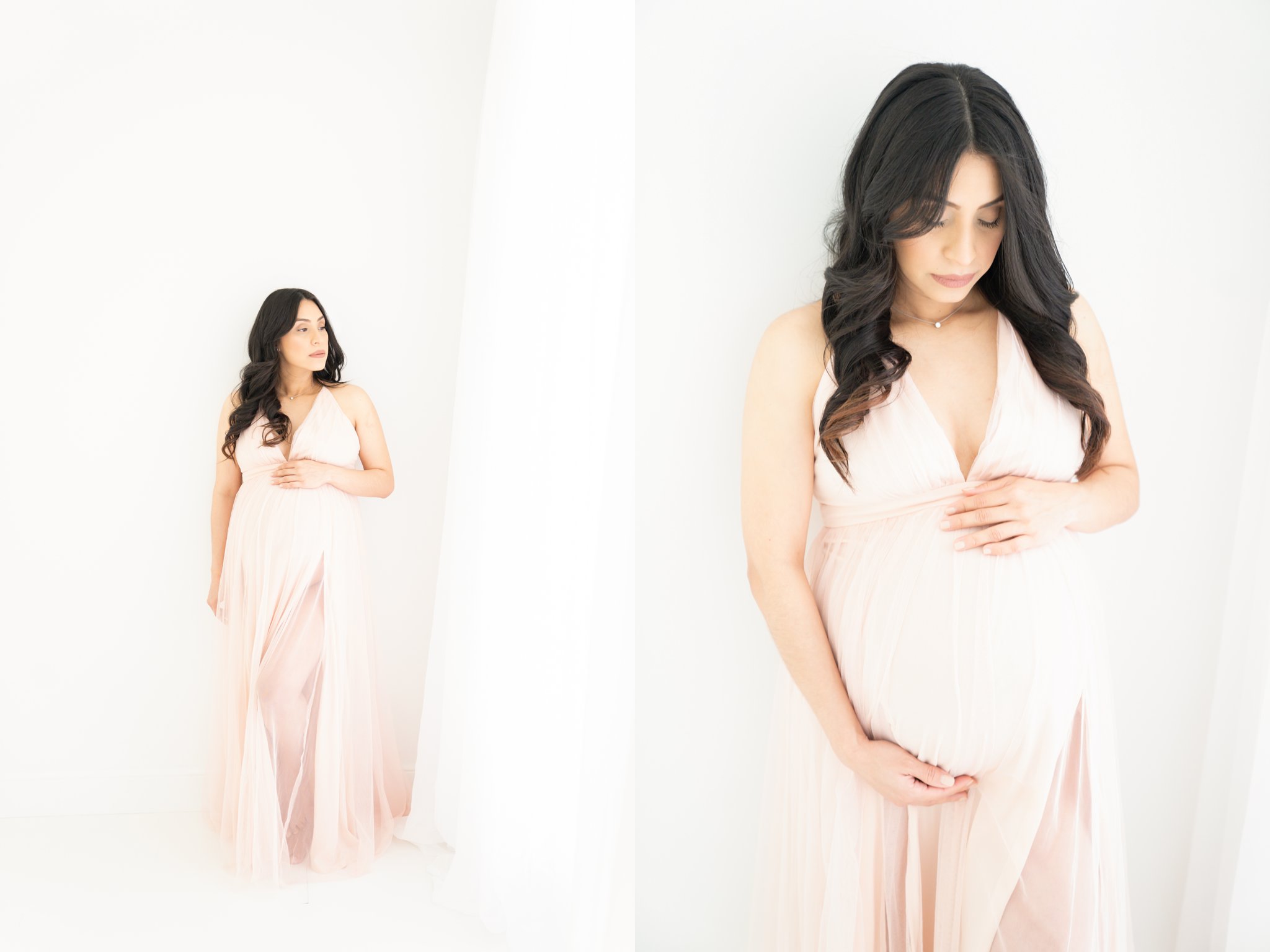 Photos of a pregnant mom in jupiter florida photography studio wearing a maxi dress.