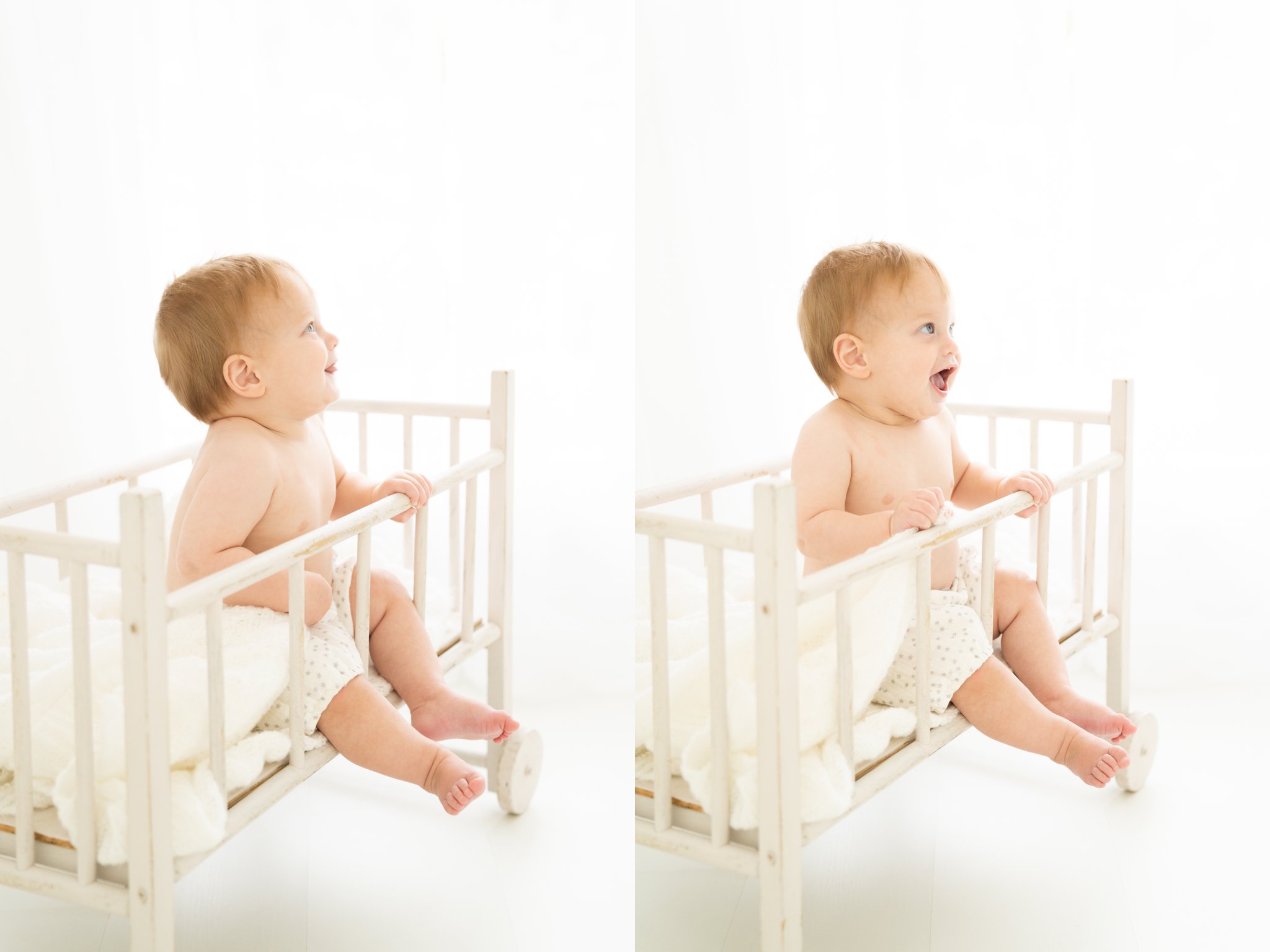 6 month old baby being photographed in vintage crib in Jupiter Fl studio