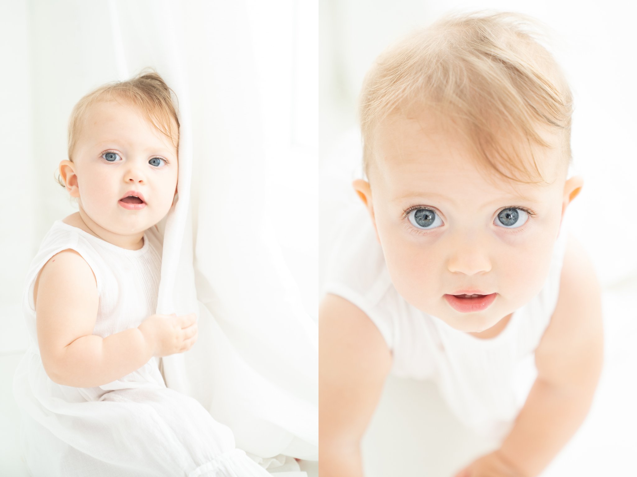 12 month old baby girl in white having her pictures taken in jupiter photography sttudio