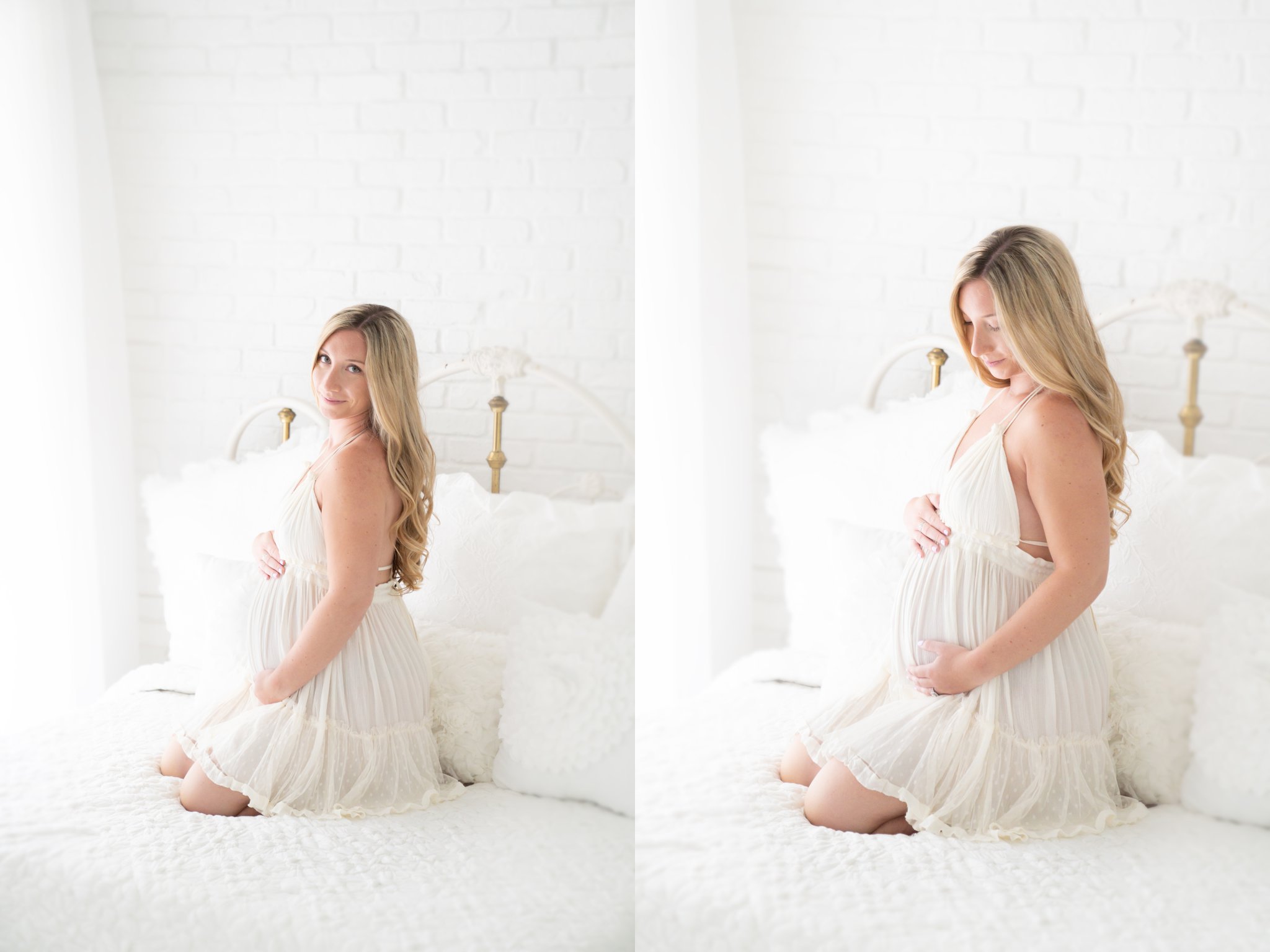 Mother to be wearing lace dress showing her baby bump in Jupiter Florida photography studio