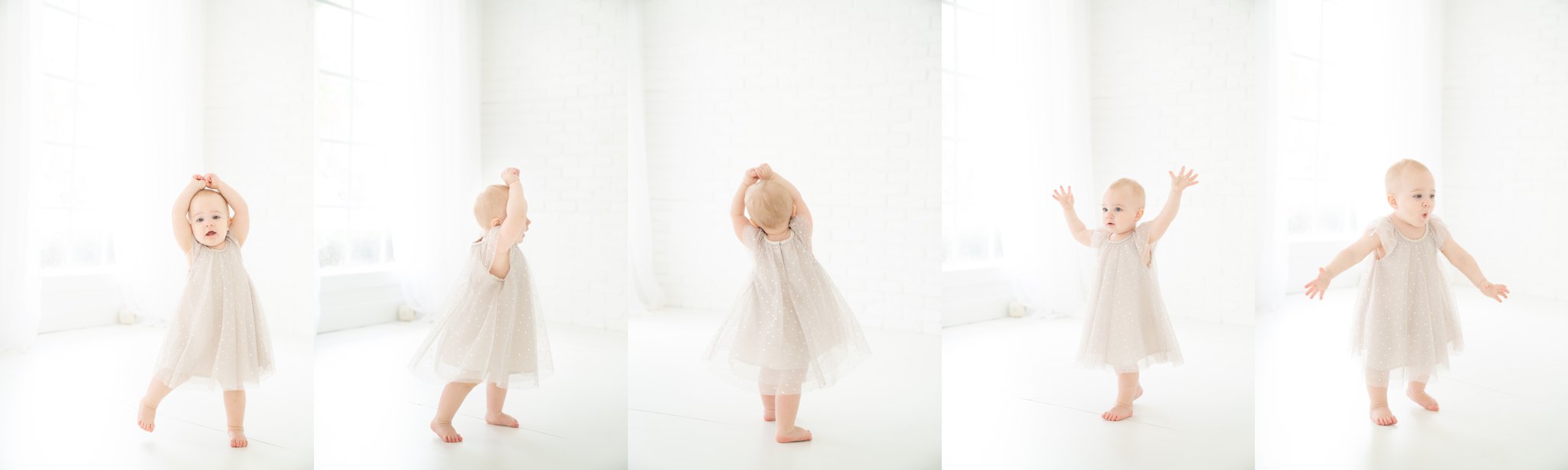 baby twirling in a sparkly silver dress in jupiter florida photography studio
