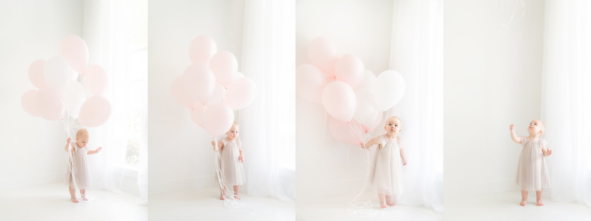 baby holding large group of balloons in jupiter florida photography studio