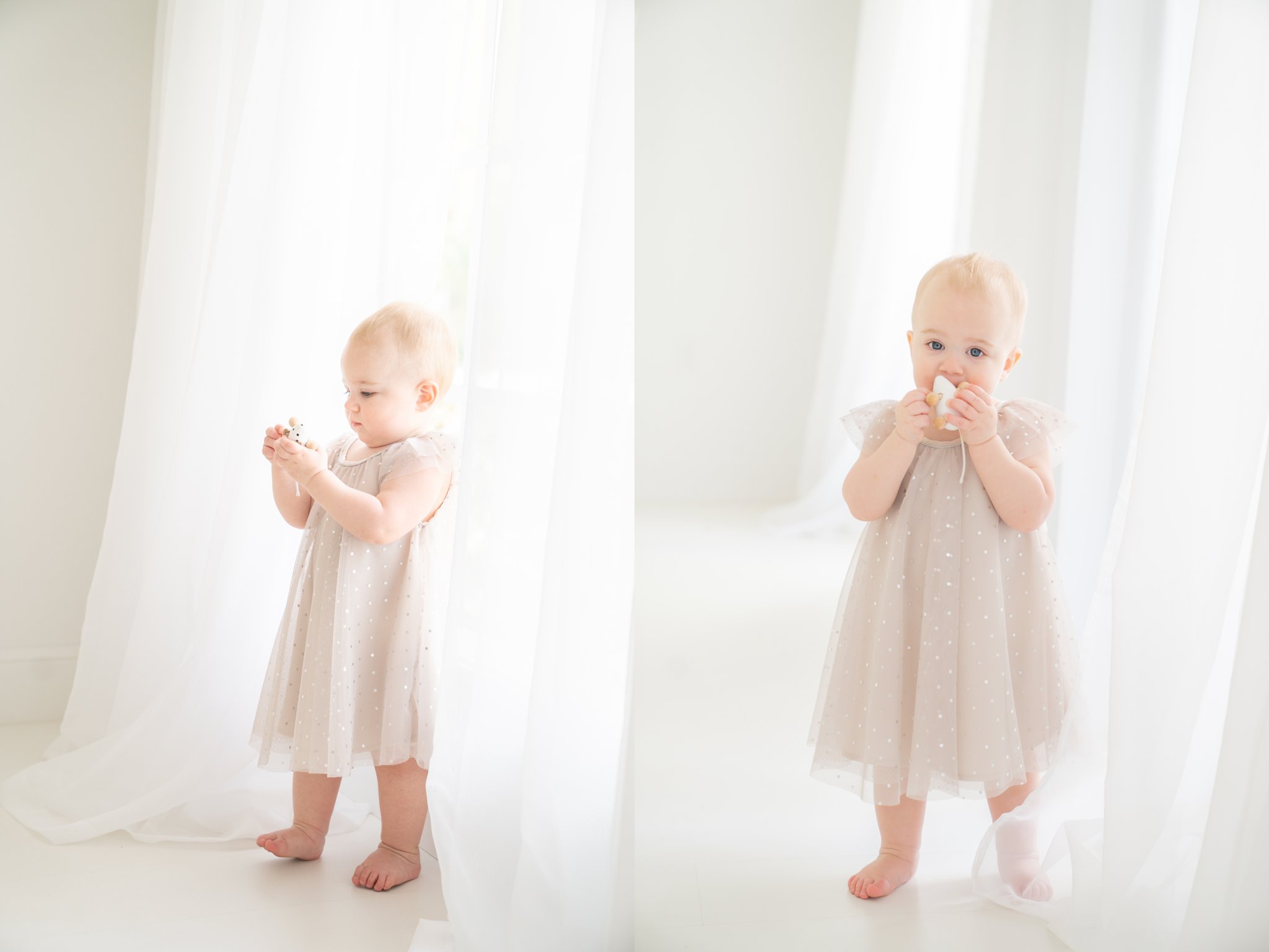 baby in a sparkly silver dress in jupiter florida photography studio