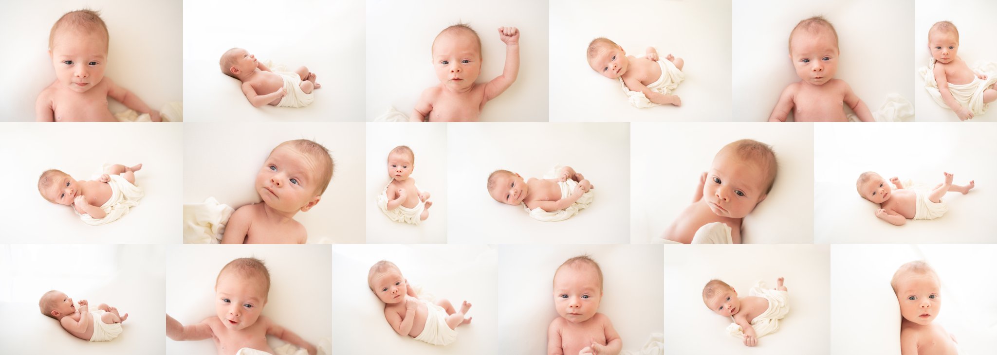collage of a new baby who is wide awake and stretching 