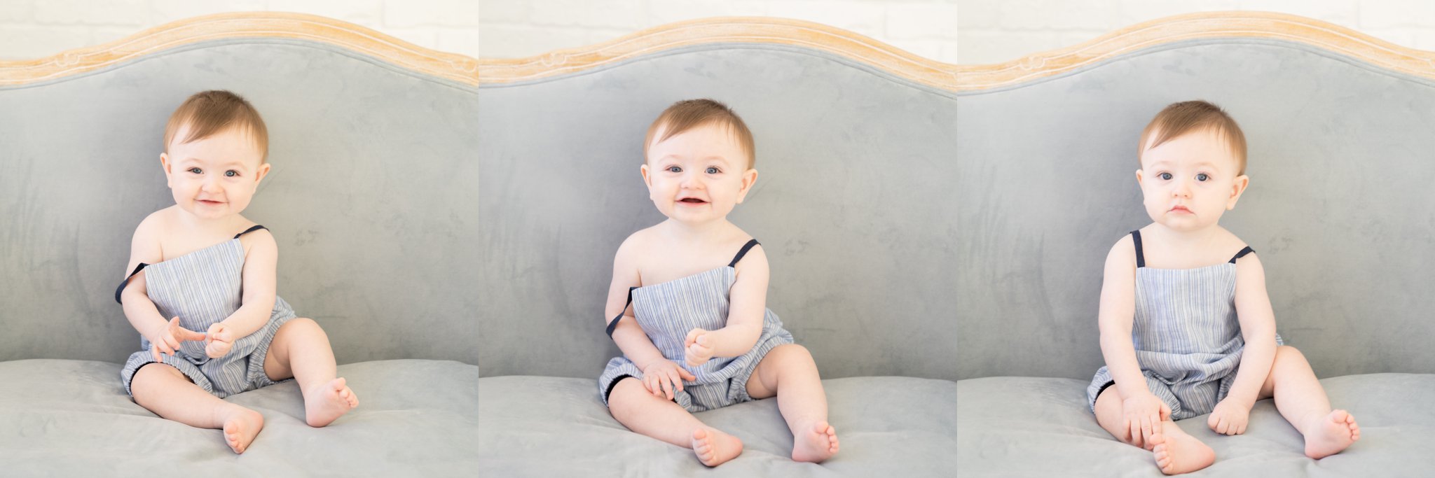 Baby boy sitting while having his pictures taken in a Jupiter Fl photography Studio