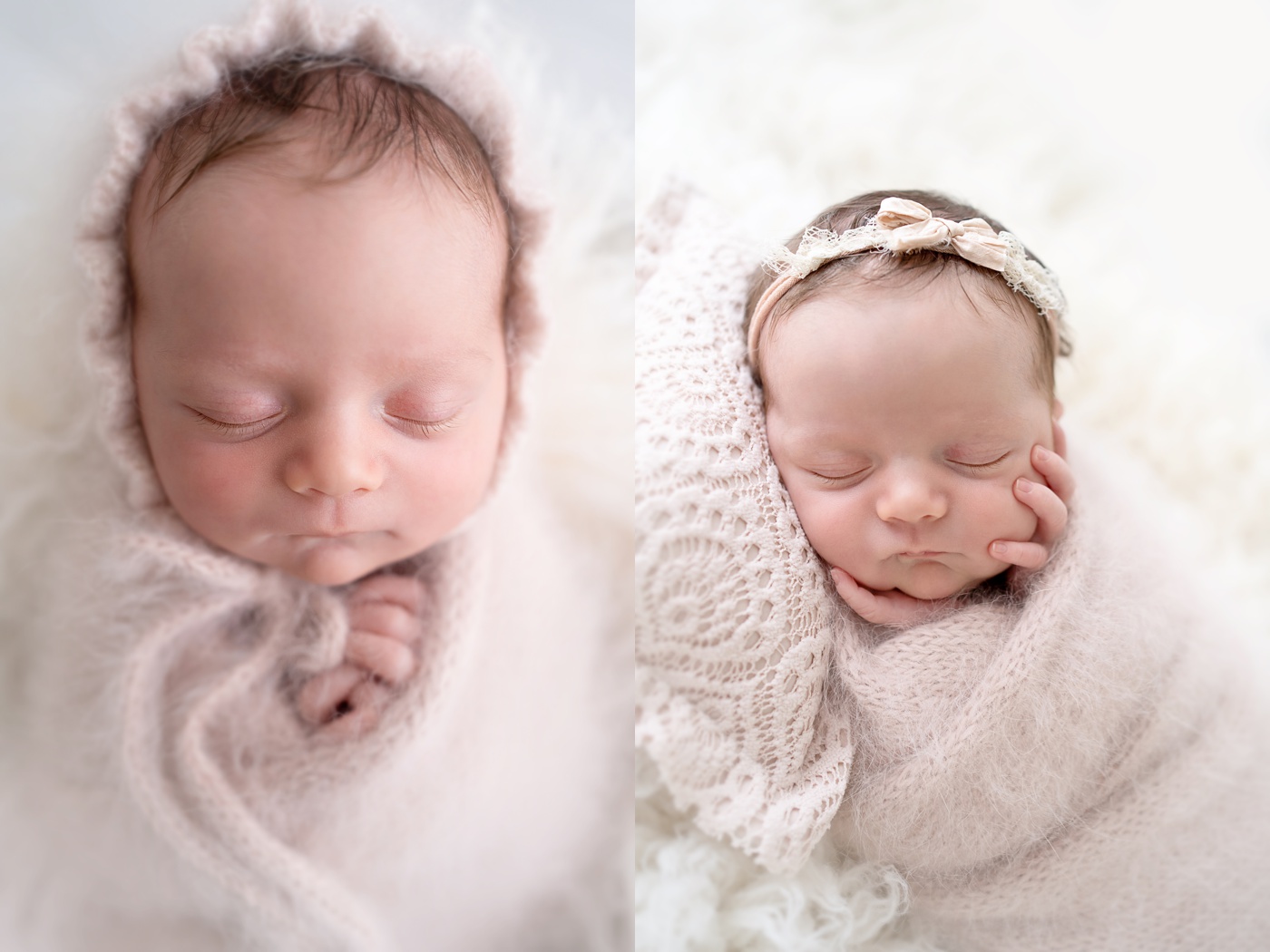  newborn baby girl wrapped in pink laying on a fur backdrop