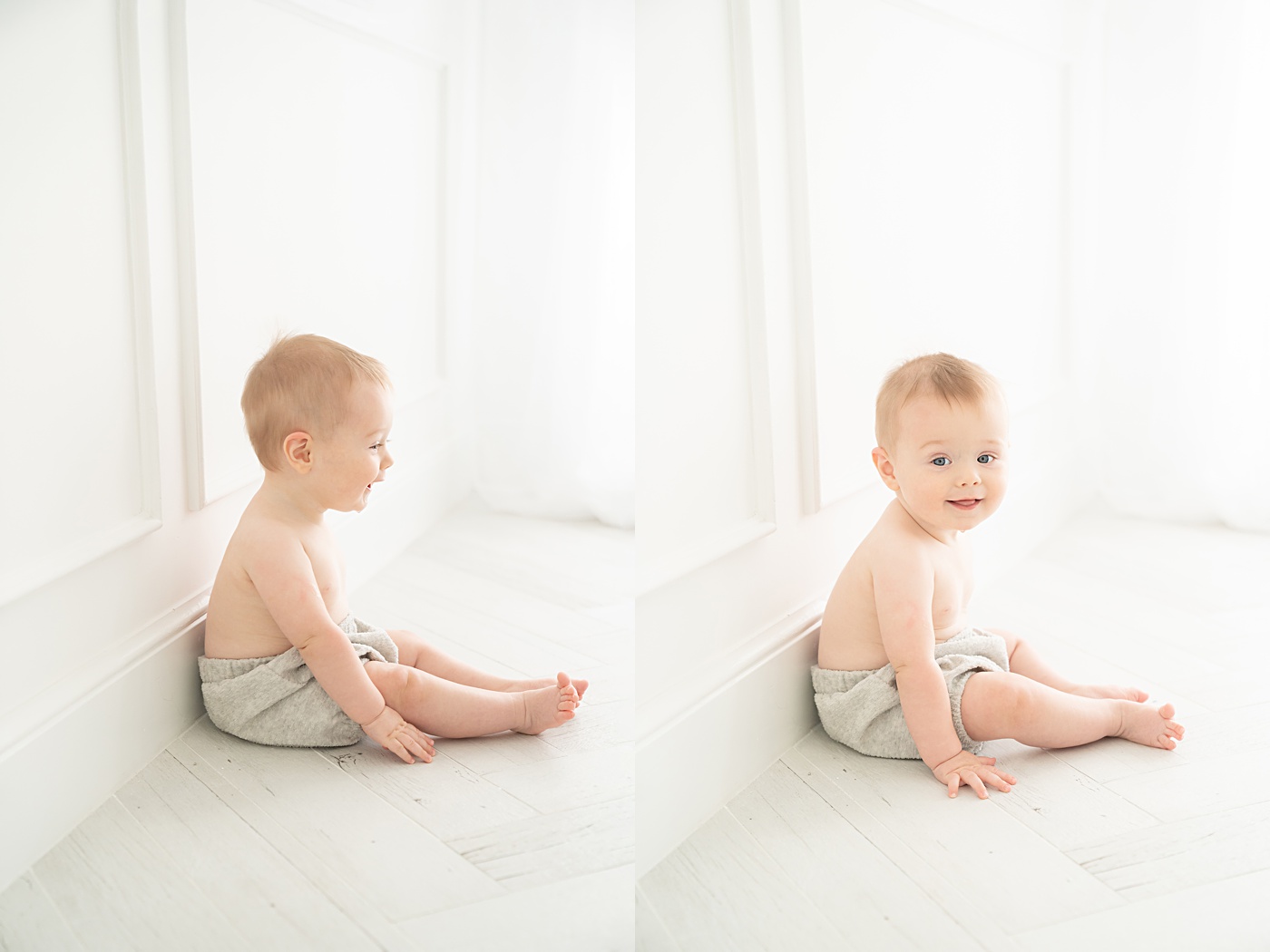 six month old baby boy sitting in little shorts in a photography studio in Jupiter florida