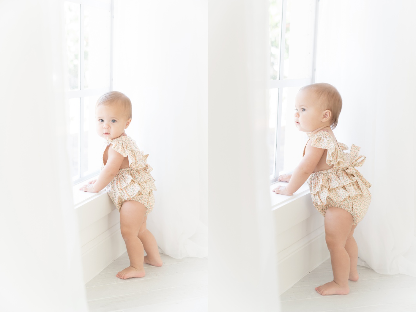 Baby ia floral romper being photographed in an all white Jupiter Fl photo studio by the window