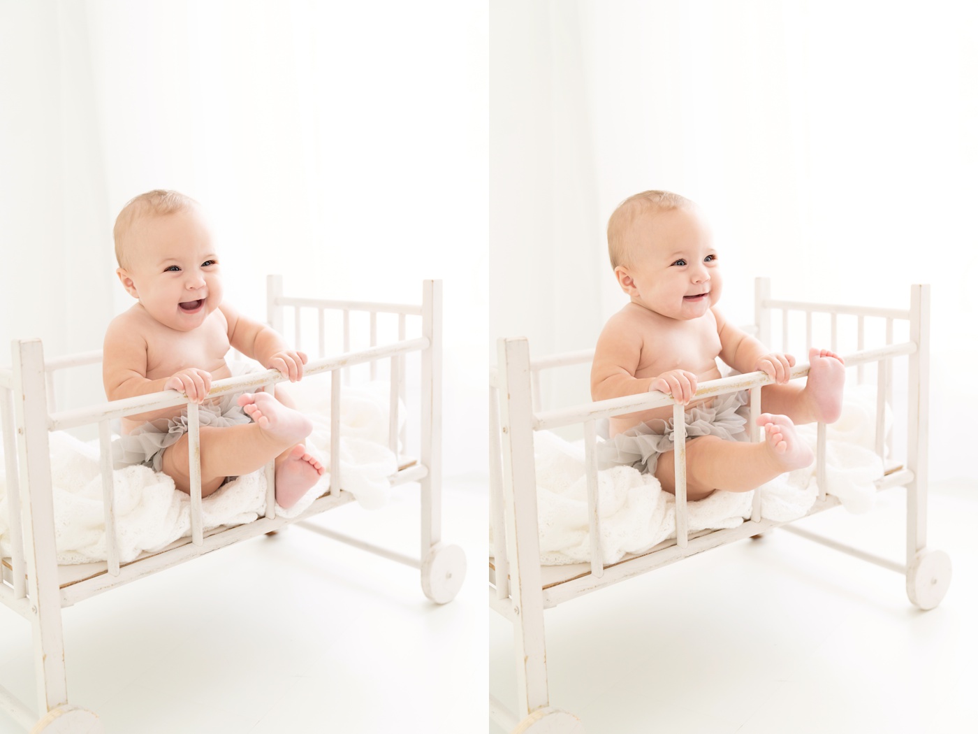 baby in antique crib being photographed in a white photography studio