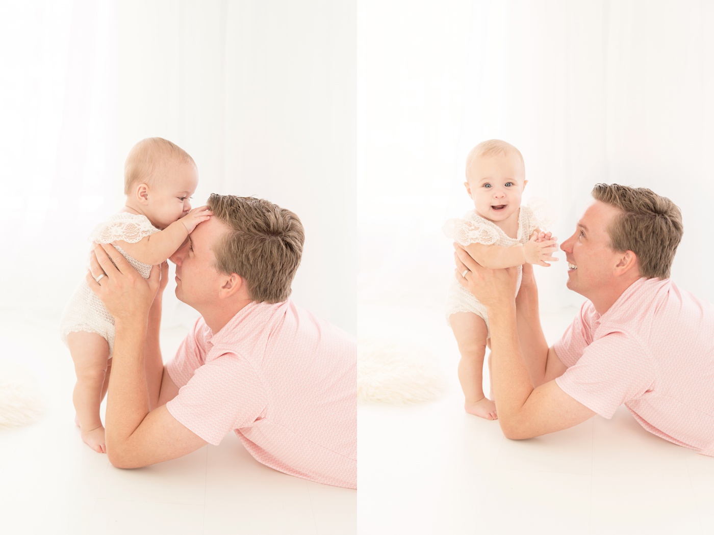 dad and baby being photographed in a white photography studio