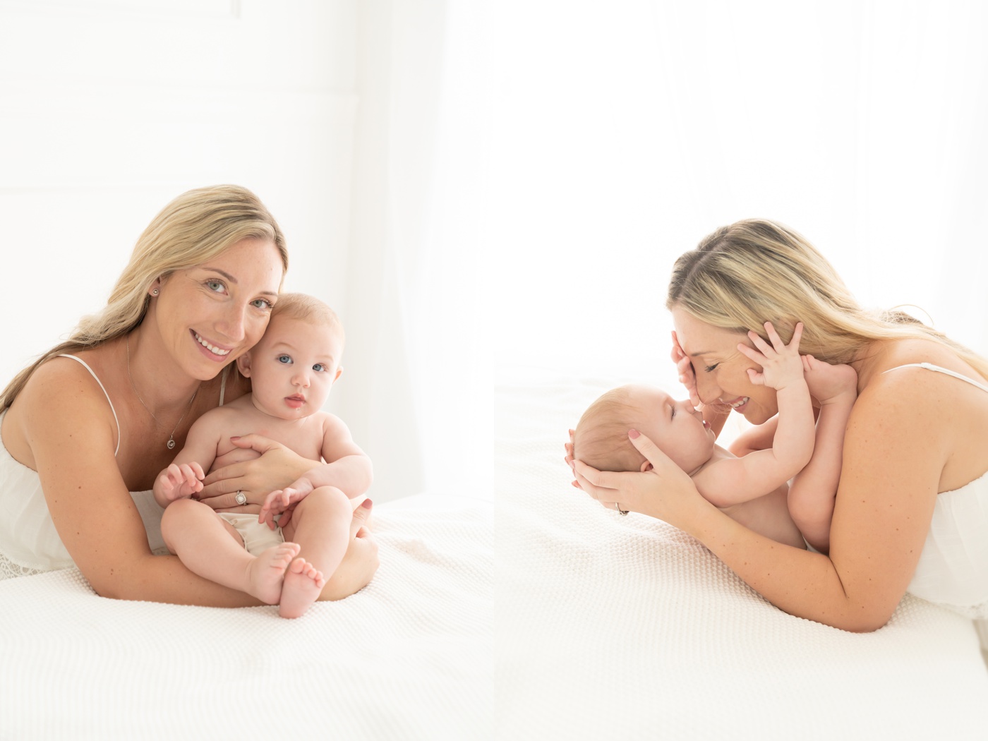 Mommy and baby being photographed in a photography studio wearing matching white dress and diaper cover