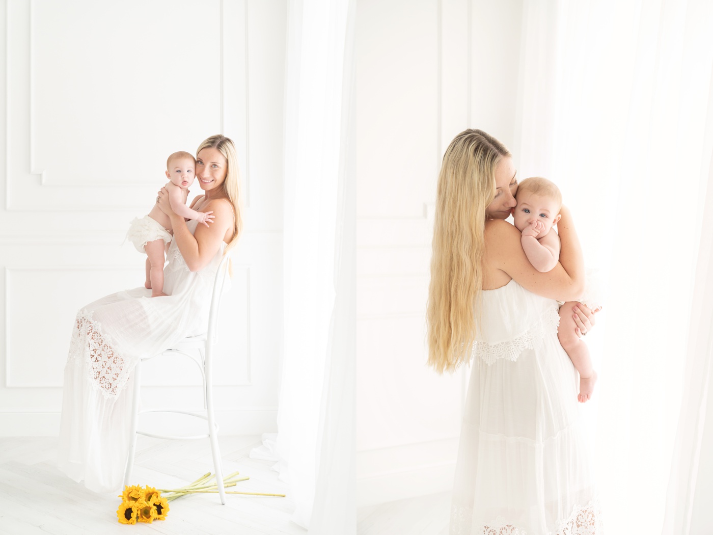 Mommy and baby being photographed in a photography studio wearing matching white dress and diaper cover