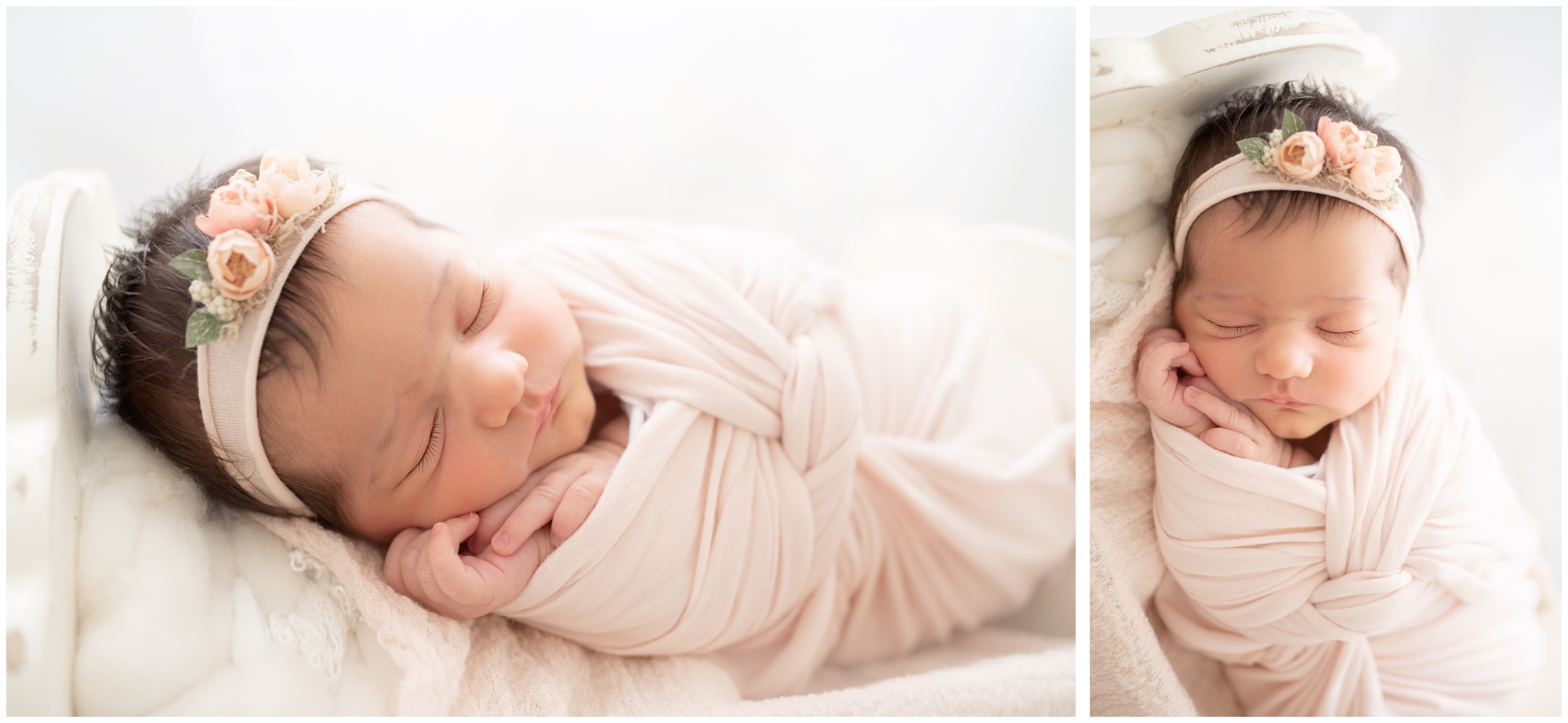 Brand new baby swaddled in pink laying on a pink fur being photographed in Jupiter Fl studio
