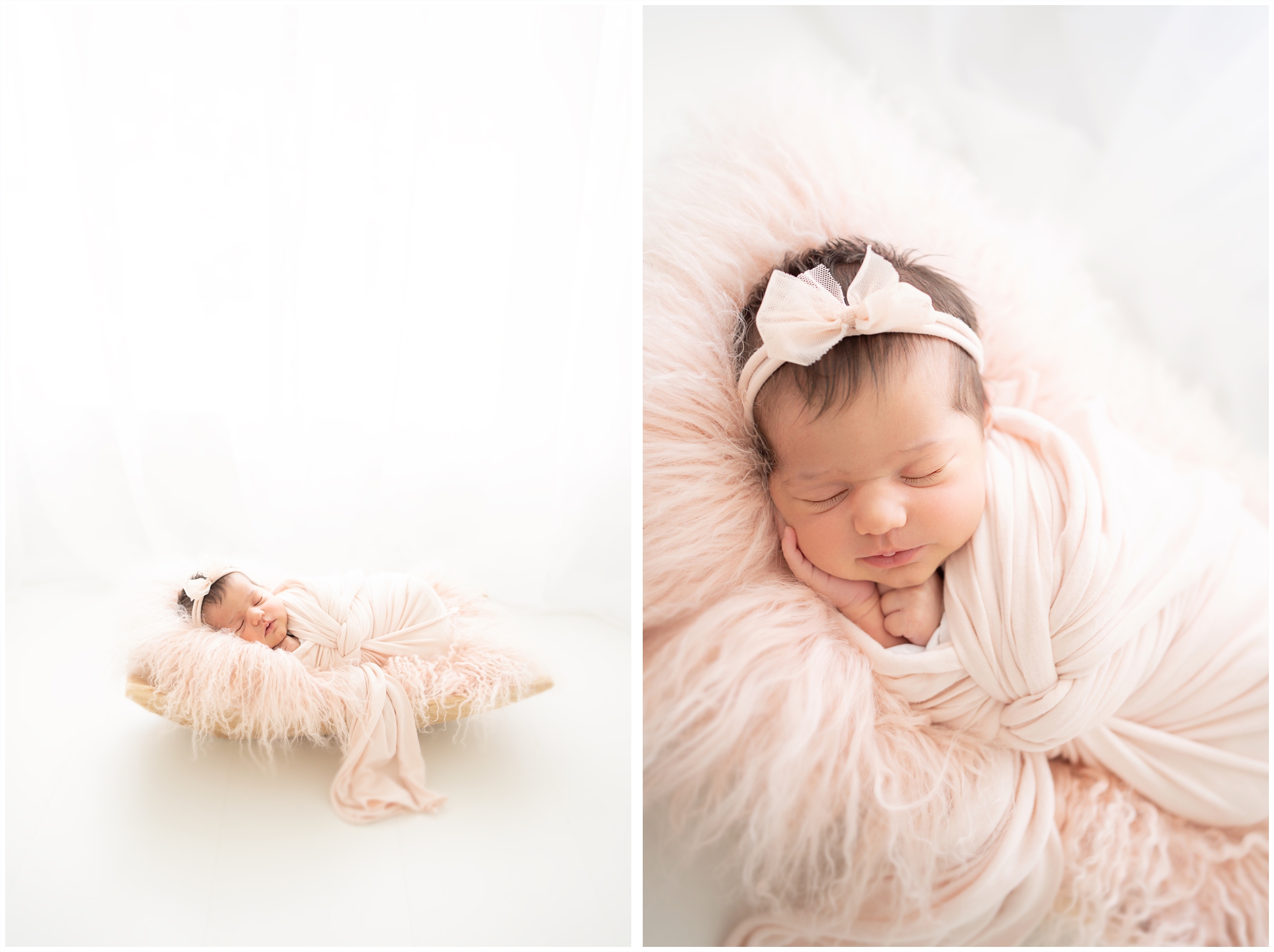 Brand new baby swaddled in pink laying on a pink fur being photographed in Jupiter Fl studio