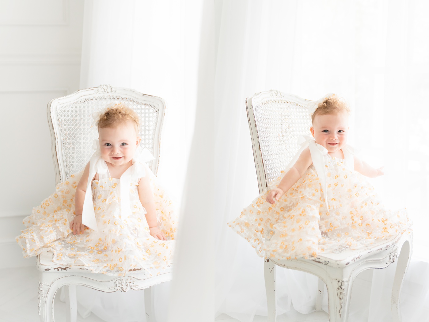 Baby girl sitting on an antique white chair in a white fluffy dress with yellow daisies
